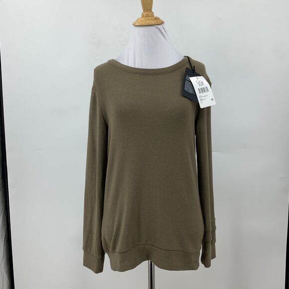 Chaser Sweatshirt Womens 14 Dark Olive Crew Neck Pleated Cuff Long Sleeve Top - Picture 2 of 12